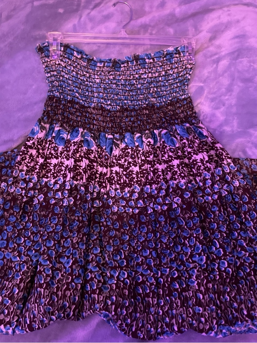Strapless Smocked Floral Midi Dress - Blue/Purple